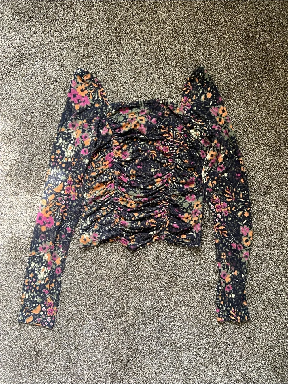 Free People Black Floral Ruched Long-Sleeve Crop Top with Pink & Orange Flowers